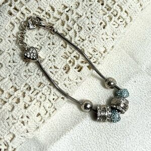 Brighton Heart Slide Charm Bracelet Mom Friends Blue Crystals Silver Plated 8"